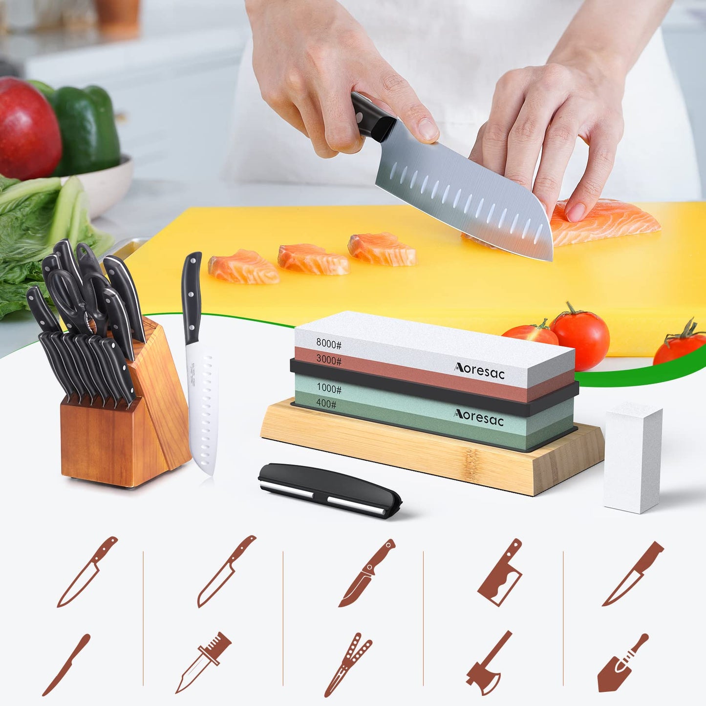 Aoresac Sharpening Stone Knife Set with Bamboo Base, includes sturdy sharpening stone and sharpening guide. Features 400/1000 and 3000/8000 double-sided sharpening stones.