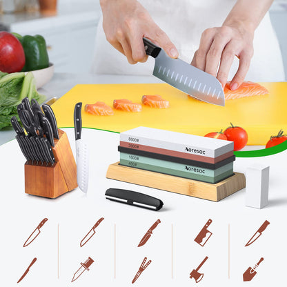 Aoresac Sharpening Stone Knife Set with Bamboo Base, includes sturdy sharpening stone and sharpening guide. Features 400/1000 and 3000/8000 double-sided sharpening stones.