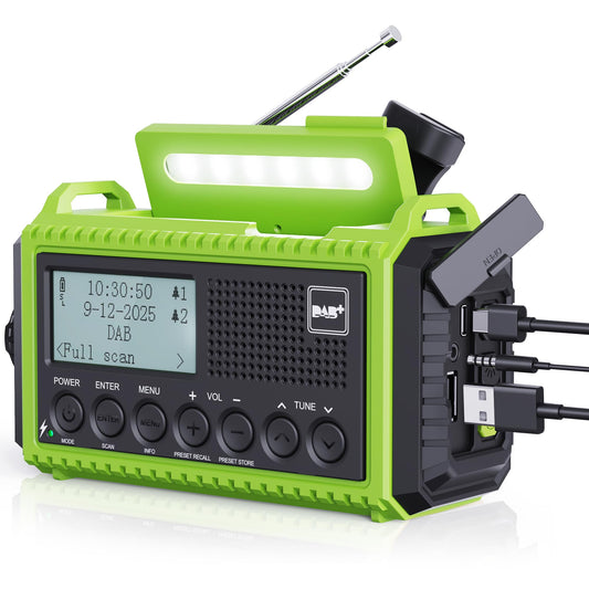 Crank radio DAB/DAB+, emergency radio with 5000mAh rechargeable battery, FM radio, battery radio emergency equipment with LED flashlight & reading light, SOS alarm for camping, emergencies & blackout.