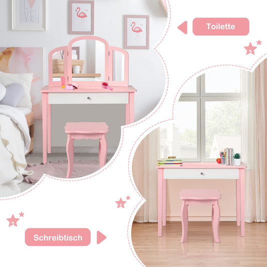 GOPLUS 2 in 1 Kids Vanity/Desk, Vanity Table & Chair, Makeup Table with Removable Triple Mirror & Drawer, Padded Stool, made of wood, in country style, for children's room (Pink)