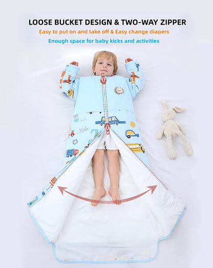 Chilsuessy Winter 2.5 Tog Kids Sleeping Bag with Removable Sleeves Organic Baby Sleeping Bag All Season Sleeping Bag for Boys and Girls 1-10 years old, 2.5 Tog/Colorful Bus, M (70-100 cm)