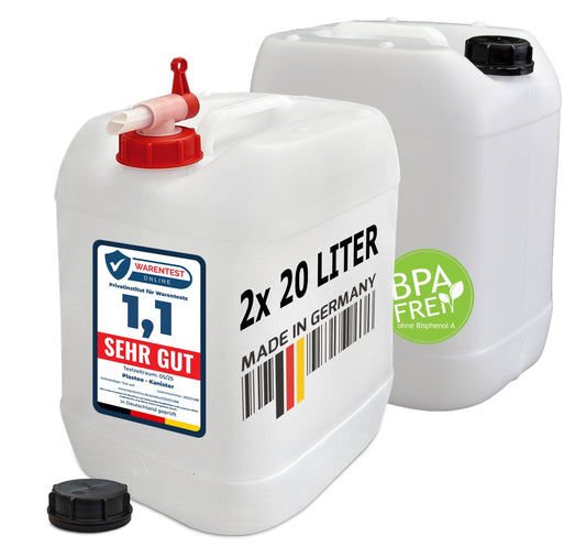 plasteo® 2X 20L water canister natural with screw cap & tap | BPA-free, food-safe, portable | Camping, automotive, outdoor | Made in Germany