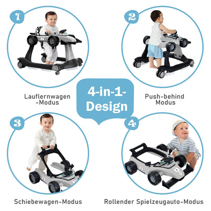 COSTWAY 4 in 1 baby walker, foldable with adjustable height & speed, car-shaped with music box, lights & wheels, suitable for babies from 6 months, up to 12kg load capacity (Grey)