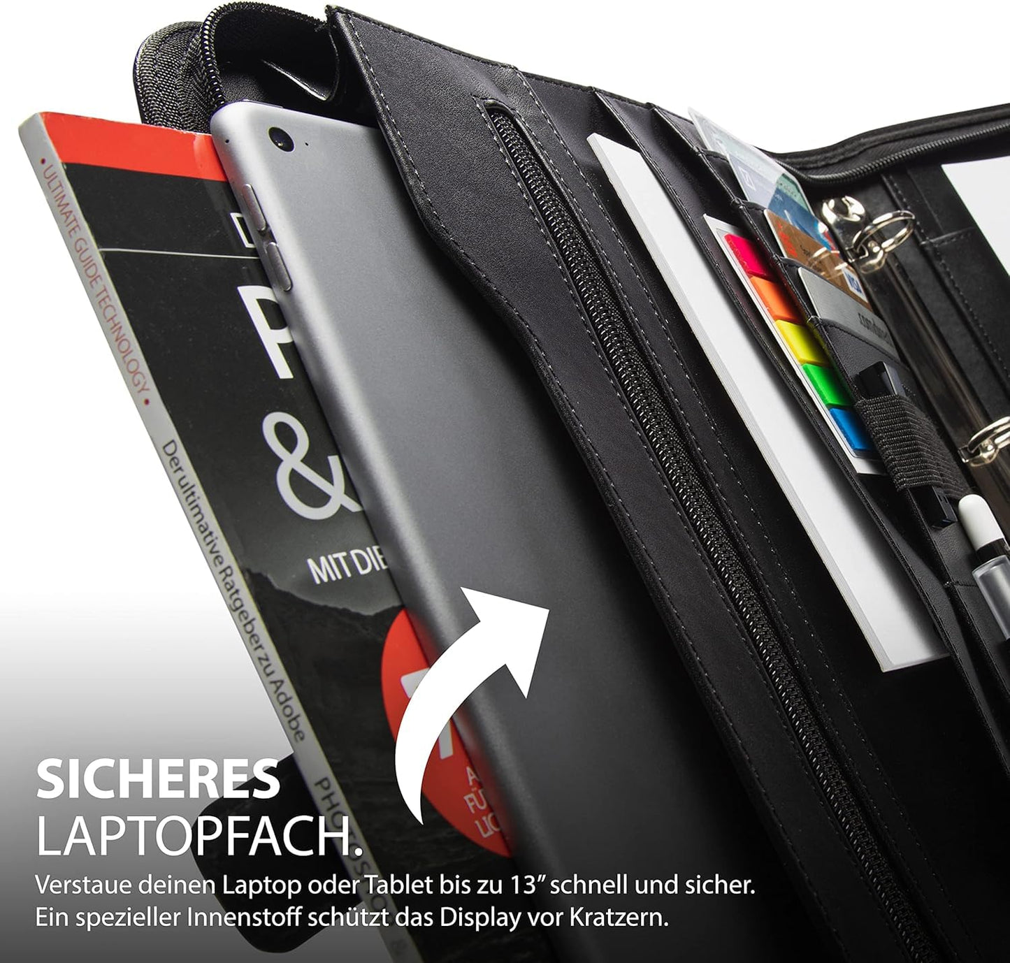 Vebon® A4 Berlin Ringbinder Folder I Zipper + Clipboard I Conference Folder + Laptop Bag I Extra Storage I Green I Faux Leather