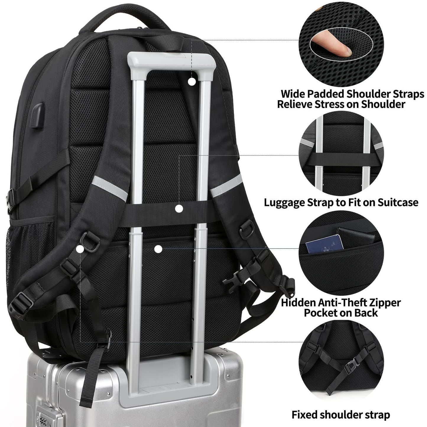 Extra Large Backpack for Men 55L, 18.4 Inch Laptop for School Work with USB Charging Port Waterproof Business Travel Notebook Bag School Backpack for Men Women Boys Teenagers Black