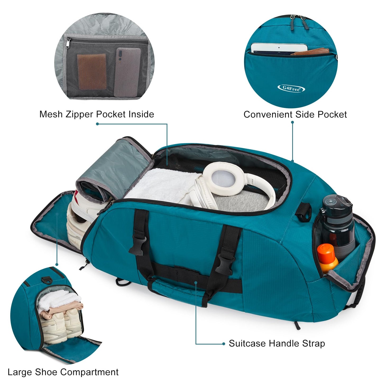 G4Free 40L foldable 3-way travel duffle sports bag with shoe compartment for men and women. Perfect for sports, fitness, gym, and vacation.
