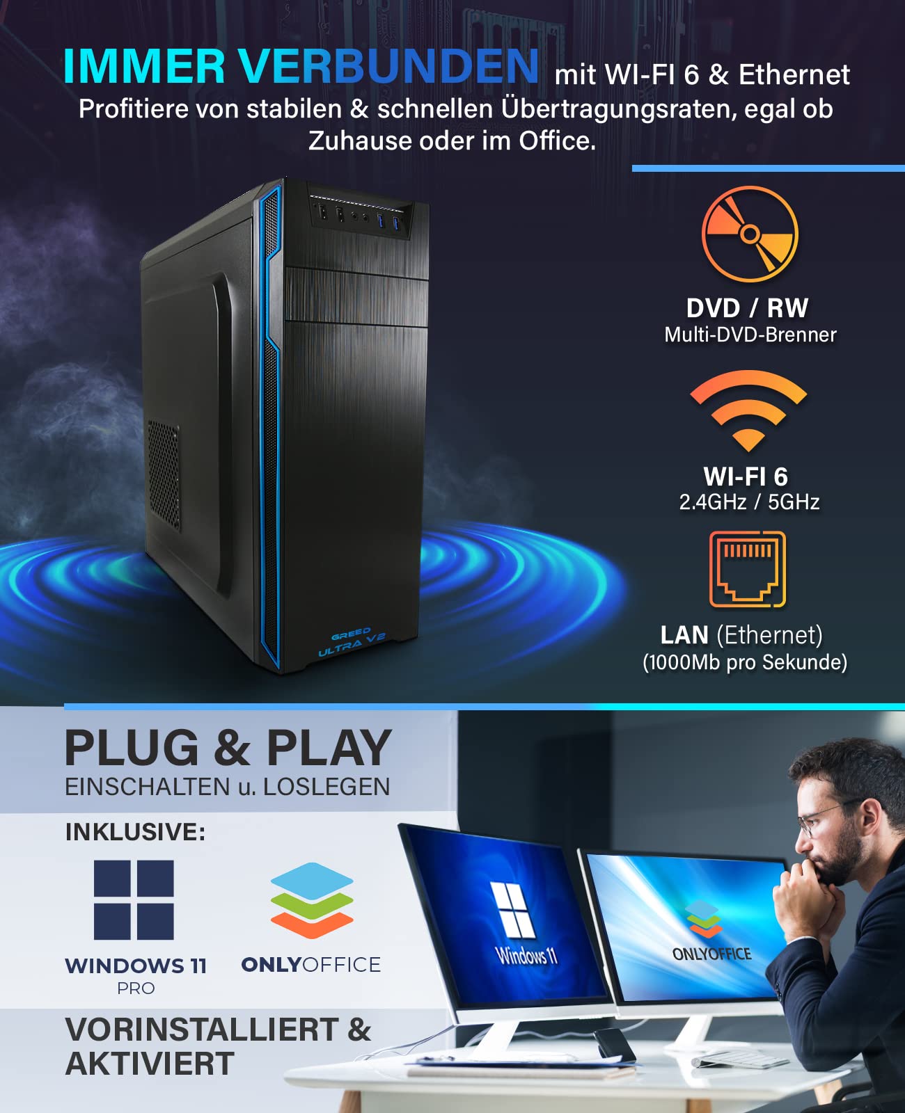Greed® Ultra V2 PC with Intel Core i7 12700F - Fast desktop computer for office & home with 4.8 GHz, 32GB RAM, 1TB SSD + 1TB HDD, DVD+RW, USB 3.1, WLAN, incl. Win 11 Pro
