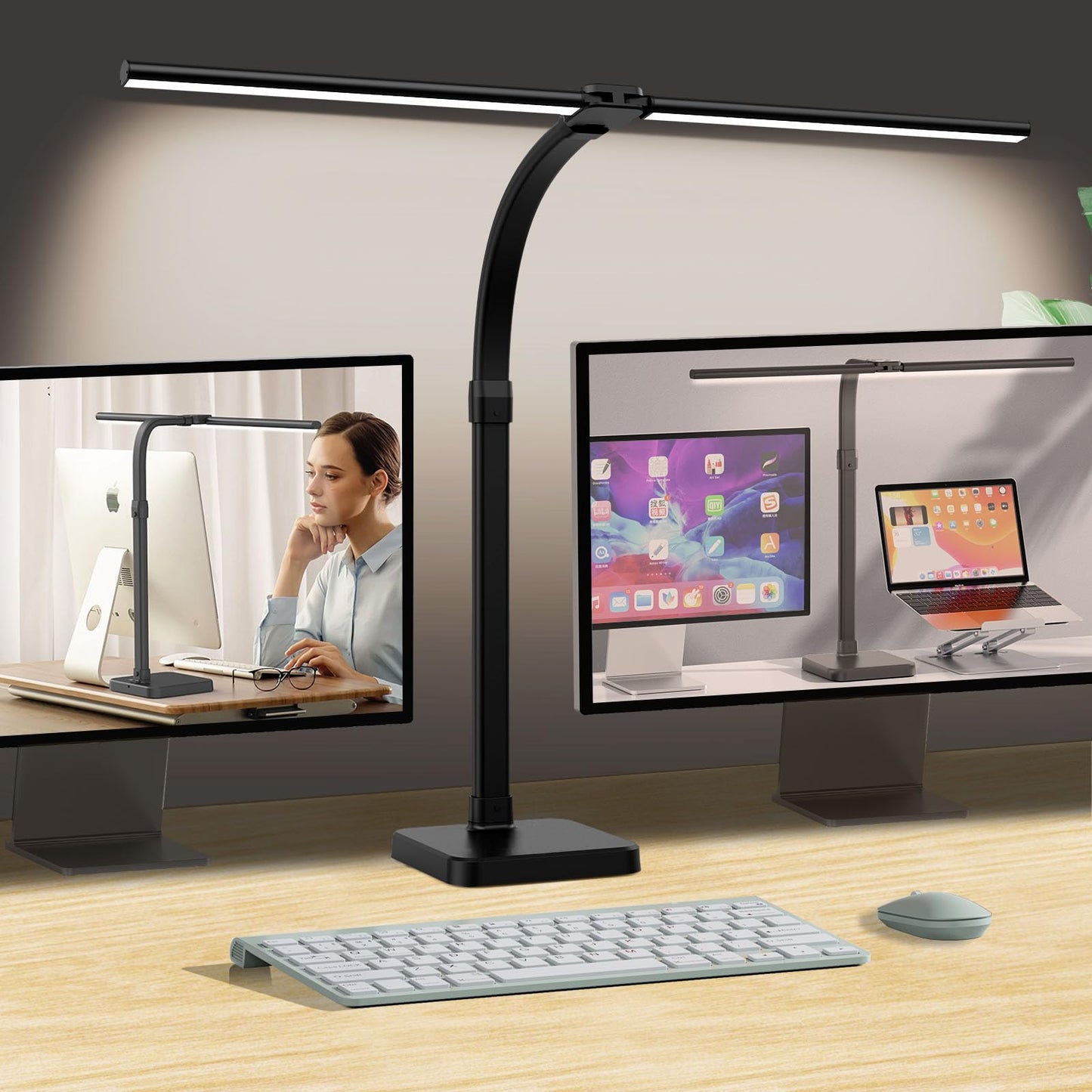 tantu desk lamp LED dimmable, 24W 80CM double head desk lamp, 5 color 5 brightness levels office lamp swan neck, desk lamp with base (black)