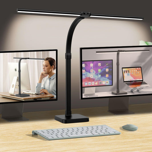 tantu desk lamp LED dimmable, 24W 80CM double head desk lamp, 5 color 5 brightness levels office lamp swan neck, desk lamp with base (black)