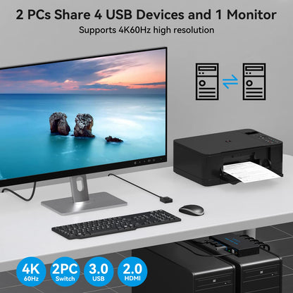 USB 3.0 HDMI KVM Switch 2 PC 1 Monitor 4K60Hz KVM switches for two computers sharing 1 set of mouse, keyboard, U-disk printer, support up to 4 USB devices.