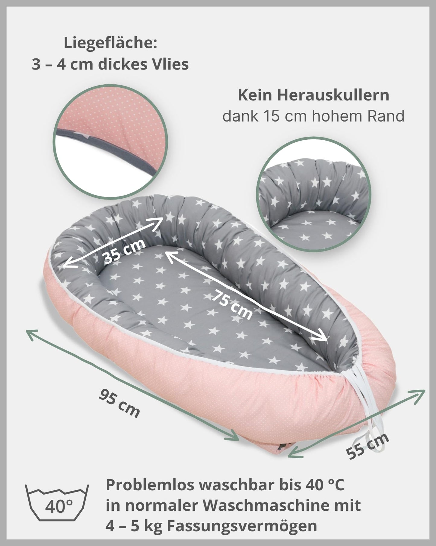 ULLENBOOM Baby Nest - 100% OEKO-TEX materials & Made in EU, Pink Grey - Newborn baby nest made of cuddly cotton, ideal for use as a travel bed & cuddle nest.