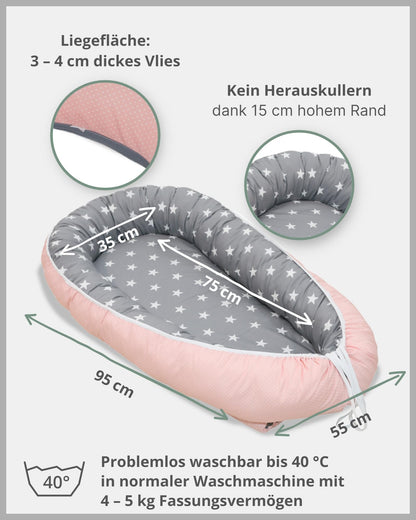 ULLENBOOM Baby Nest - 100% OEKO-TEX materials & Made in EU, Pink Grey - Newborn baby nest made of cuddly cotton, ideal for use as a travel bed & cuddle nest.