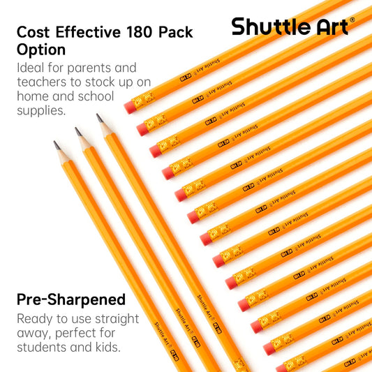 Shuttle Art HB Pencils, 180 pre-sharpened yellow pencils with eraser, graphite pencils in bulk packaging, pencil set for kids and adults for writing, drawing, and sketching.