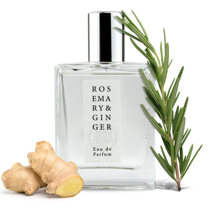 Jean & Len Rosemary & Ginger Eau de Parfum, spicy-fresh scent of rosemary & ginger, handmade in small batches, minimalist glass bottle, unisex fragrance, 50 ml.