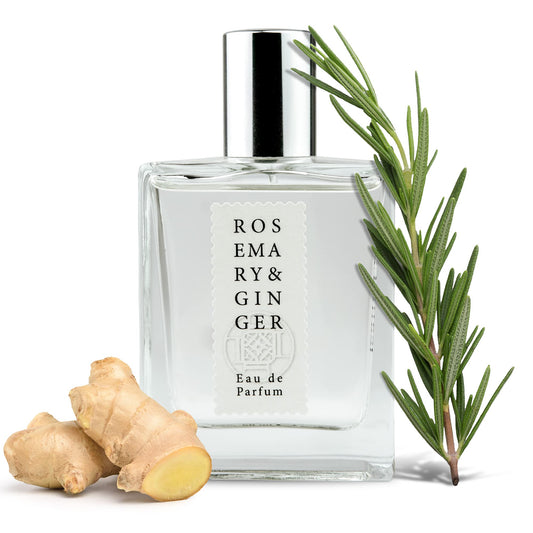 Jean & Len Rosemary & Ginger Eau de Parfum, spicy-fresh scent of rosemary & ginger, handmade in small batches, minimalist glass bottle, unisex fragrance, 50 ml.