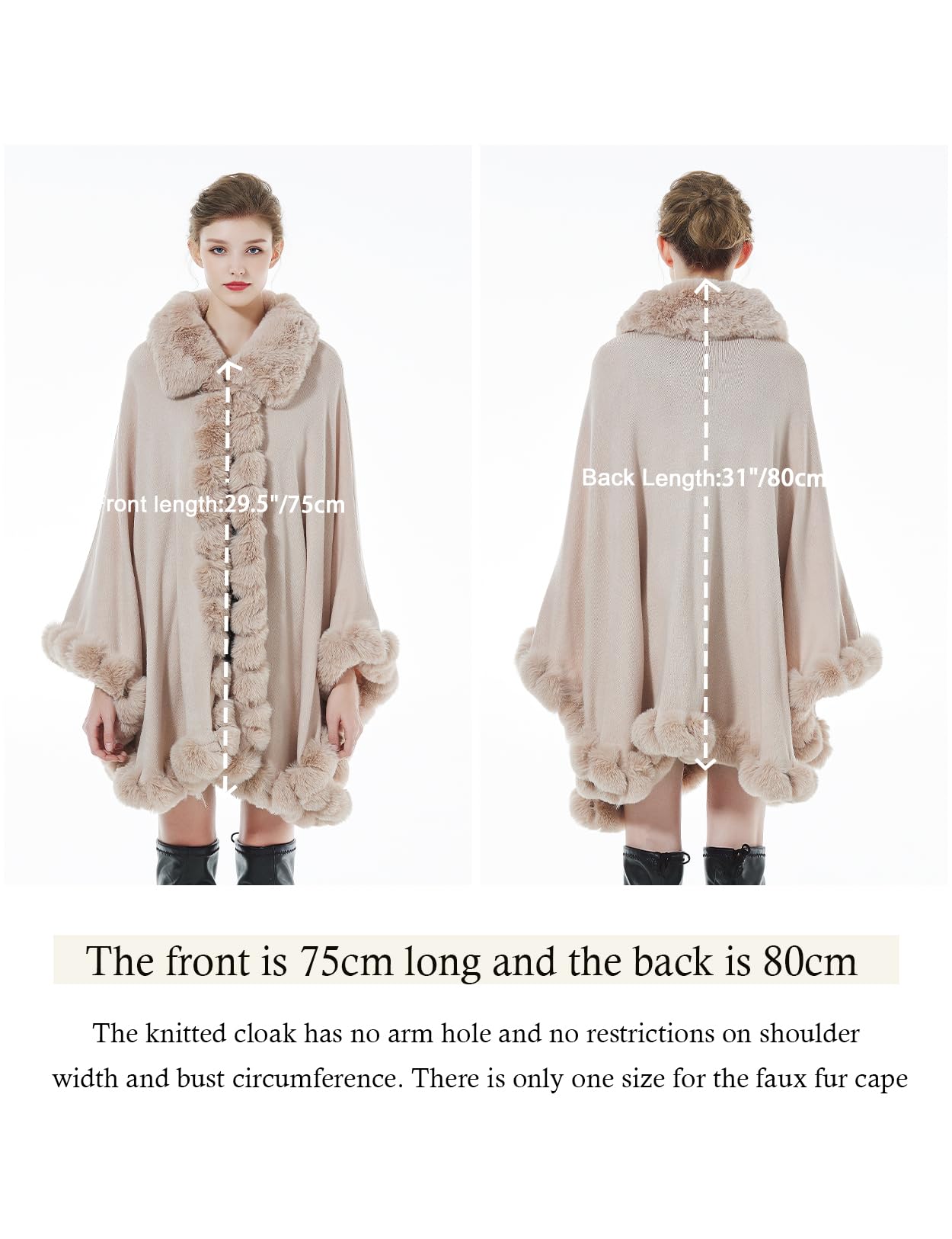 BEAUTELICATE Faux Fur Poncho Cape Knit Women's Winter Faux Fur Shawl Scarf Stole Cape Cardigan Warm with Collar for Wedding Ceremony Festive (Nude Pink, One Size)