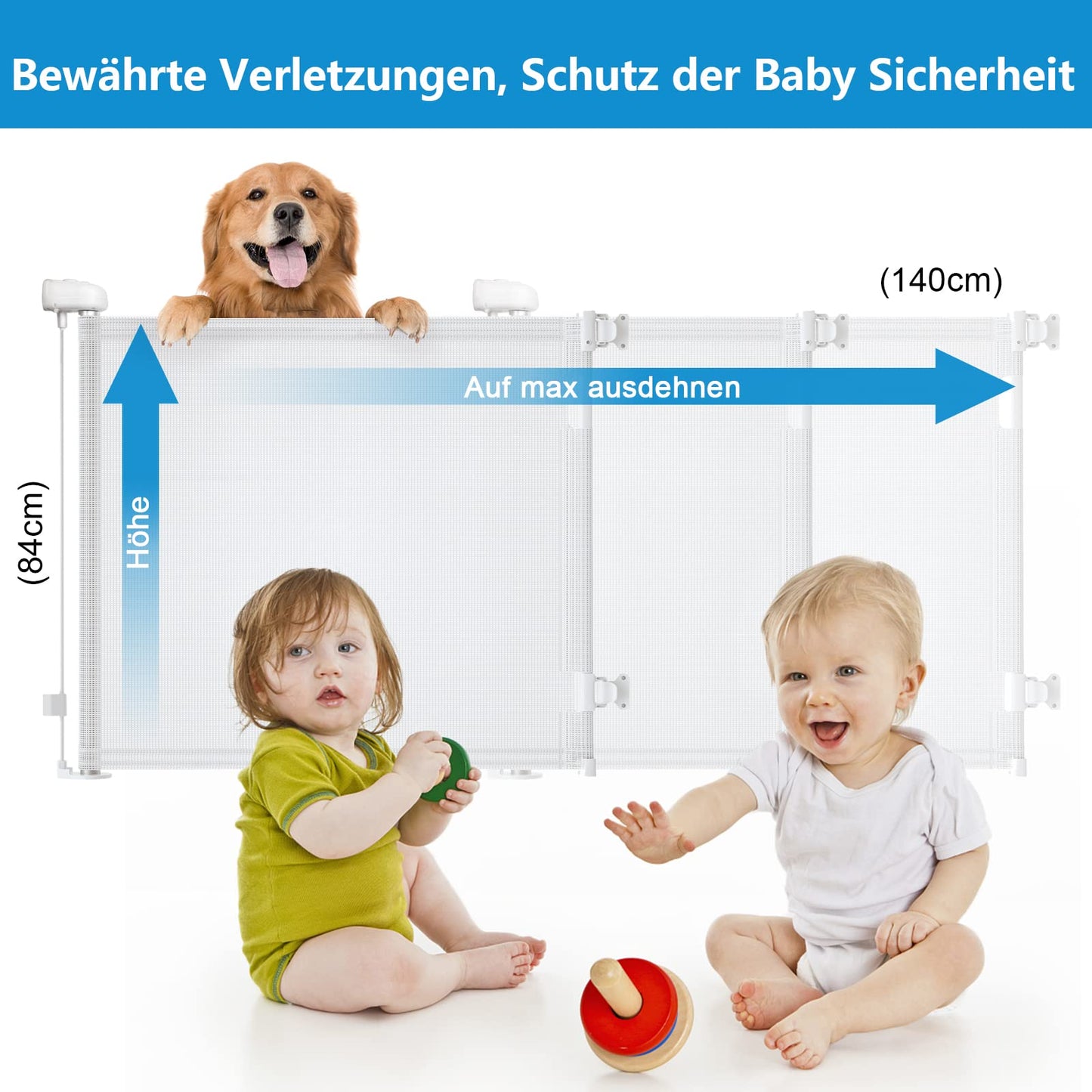 Stair gate for babies, retractable, 0-140 cm, 83 cm high baby safety gate, one-handed operation, suitable for stairs/doors, indoor & outdoor, door guard (140cm/white)