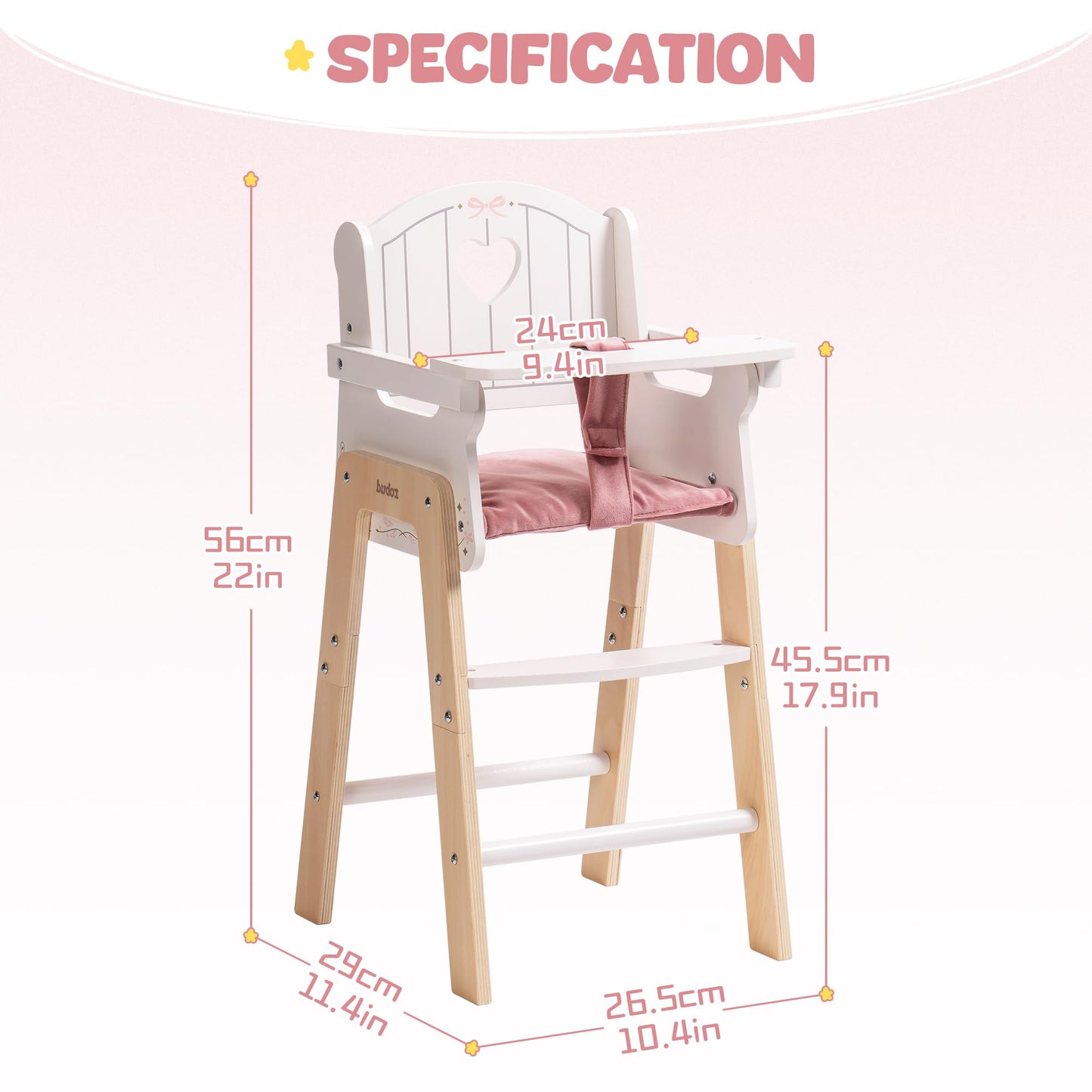 ROBUD wooden doll high chair - doll furniture for 18~20 inch dolls - Pink