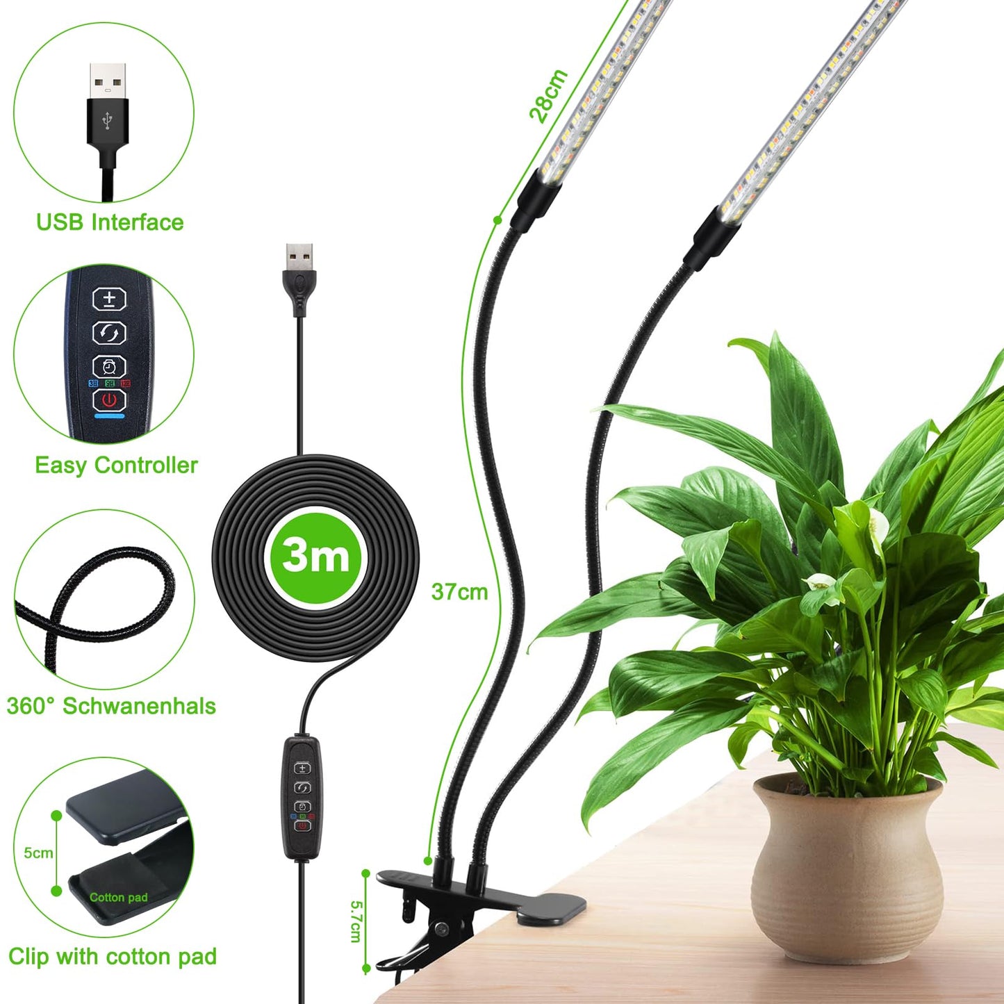 COKOLILA 2 Heads Plant Lamp LED, 160 LEDs Full Spectrum Plant Light, 3000K 5000K 660nm Plant Grow Light for Indoor Plants with Timer, 3 Light Modes, perfect for plants (no adapter)