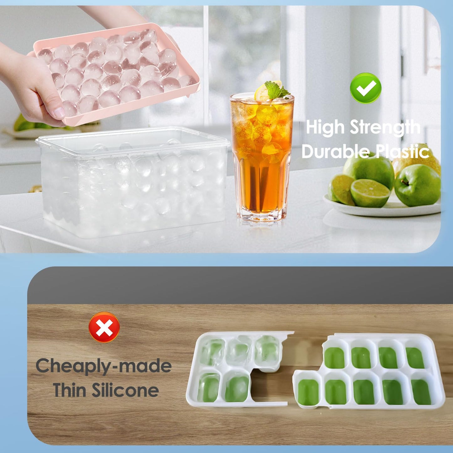 WIBIMEN Round Ice Cube Tray, 2.5 cm x 66-Piece Ice Cube Tray for Freezer with Container, Mini Circular Ice Cube Tray, Sphere Shape, Ice Cooling, Tea and Coffee (Pink)