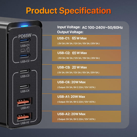 USB C charger Multipack, 165W 6 Port charger [4USB-C + 2USB-A] 65W Type C power adapter, USB C charging station compatible with MacBook/iPhone 15/16/Galaxy S23/S24/Laptop/Tablet