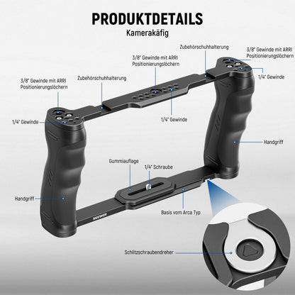 NEEWER Universal Camera Cage with Top Handle and 3/8" ARRI Locating Pins, Video Rig Stabilizer with Arca Swiss Base, Two Hand Grips, compatible with SmallRig Accessories, CA016T.