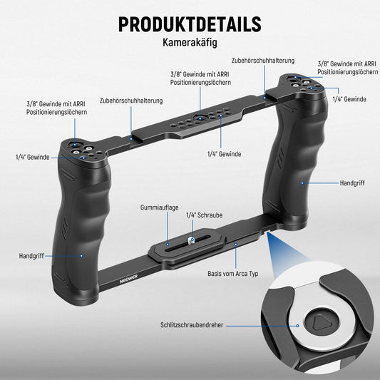 NEEWER Universal Camera Cage with Top Handle and 3/8" ARRI Locating Pins, Video Rig Stabilizer with Arca Swiss Base, Two Hand Grips, compatible with SmallRig Accessories, CA016T.