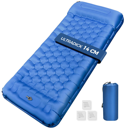 Self-inflating camping mat, 14 cm self-inflating mat with built-in foot pump & pillow, waterproof self-inflating air mattress for hiking, beach, travel, tent (blue)