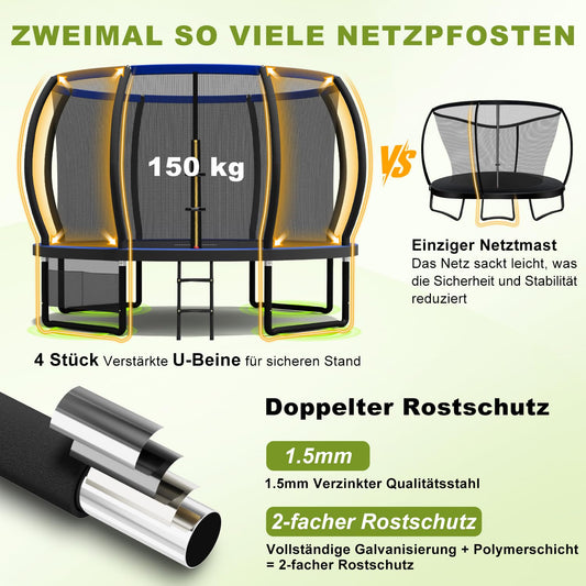Devoko Trampoline Outdoor Ø 228/305/366/427 cm, GS certified, Kids trampoline with safety net, Round giant trampoline with ladder and shoe bag