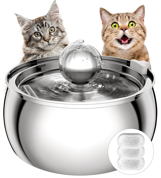 TOMXCUTE Cat Fountain, 4L Drinking Fountain for Cats made of Stainless Steel with Toy Ball Design, Dishwasher Safe, Ultra-Quiet Cat Drinking Fountain with 3 Carbon Filters and 1 Sponge, for multiple