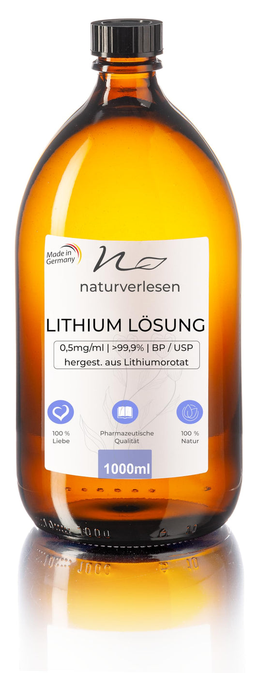 250ml lithium solution from purest natural sources - 0.5mg/ml * Highest, laboratory-tested purity * Made in Germany (medical brown glass bottle)