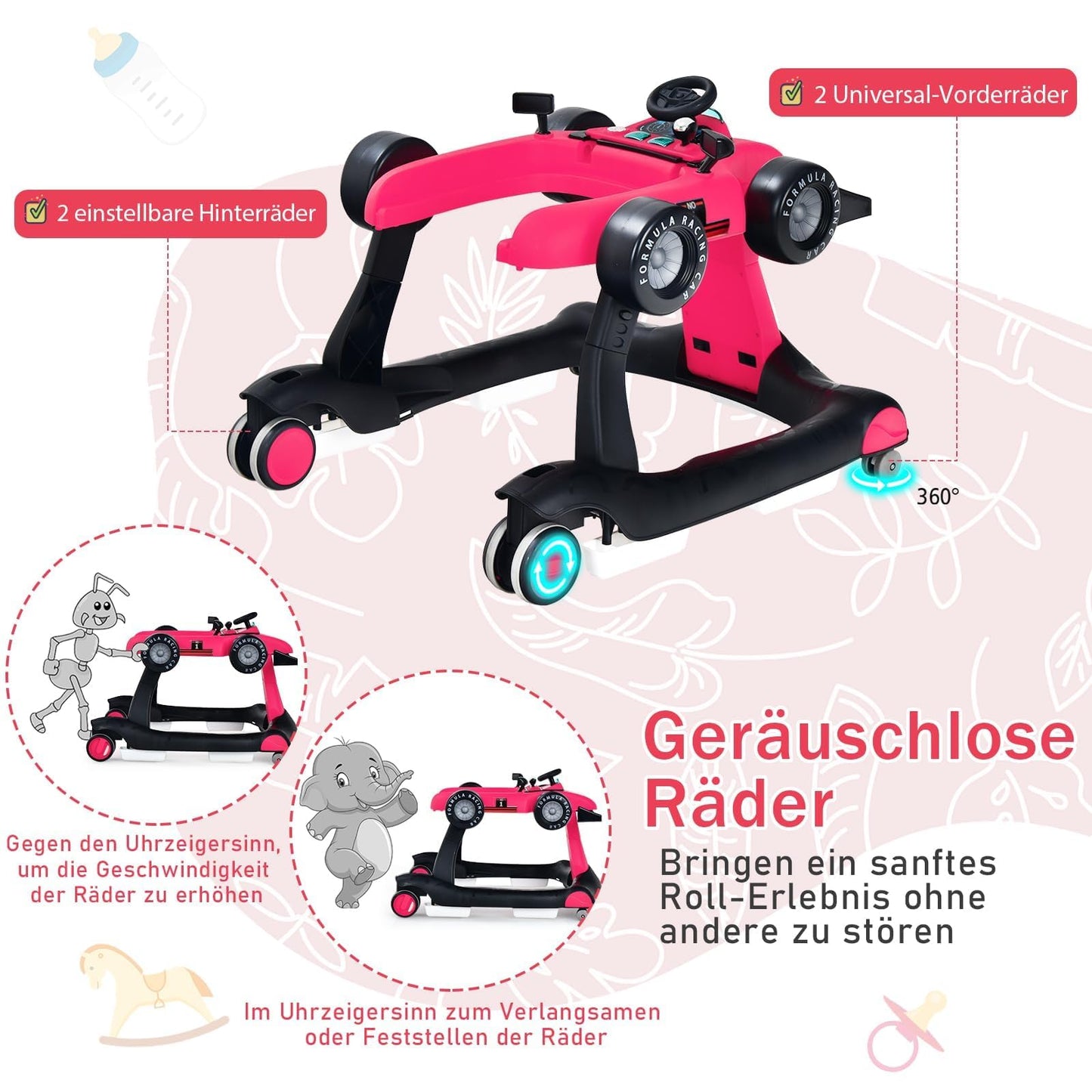 COSTWAY 4 in 1 folding baby walker with adjustable height & speed, music box, lights & wheels, suitable for babies from 6 months, can support up to 12kg weight capacity. Available in pink color.