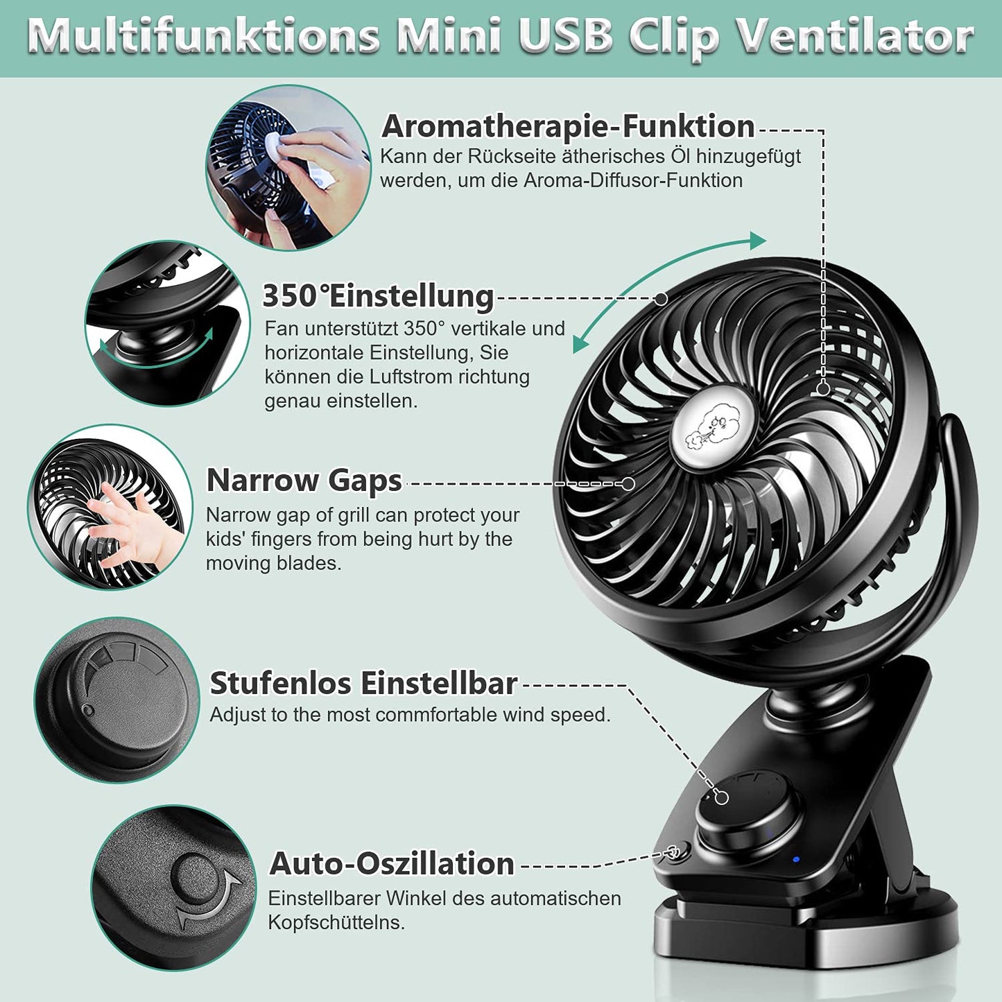Upgraded mini USB clip fan with 5000mAh 2 in 1 table fan clip fan, auto-oscillating, quiet, stepless speed USB rechargeable portable fan for office camping Ø14.5cm