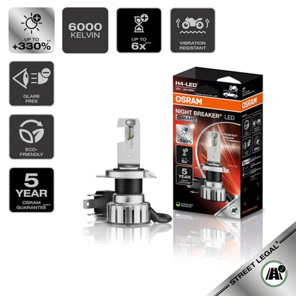 Osram NIGHT BREAKER LED SMART H4 for motorcycles; up to 330% more brightness; 6000K, LED retrofit lamp for motorcycles with road approval, white