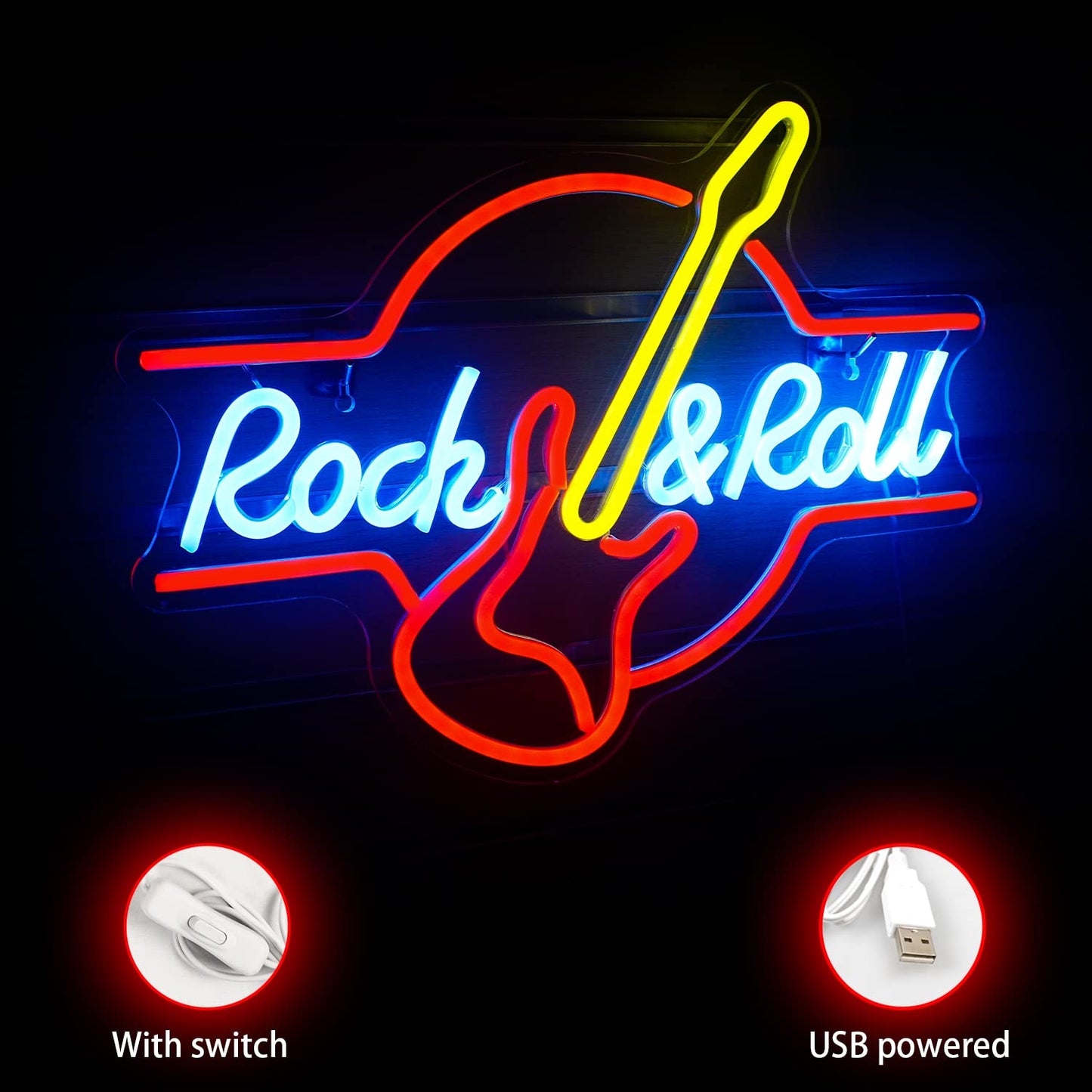 SIGNSHIP Guitar Rock&Roll Neon Sign USB Powered Neon Sign Light Letters for Wall Room Decor LED Lights for Bedroom Concert Hall Bar Club Party Wedding Decoration Birthday Gift
