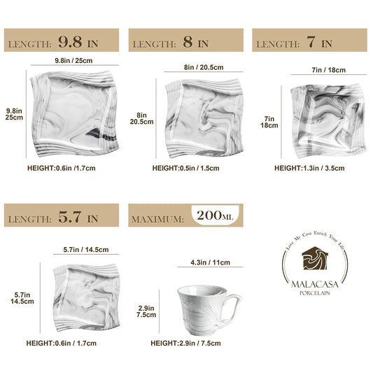 MALACASA, Amparo series, 30-piece marble porcelain dinnerware set with 6 dinner plates, 6 soup plates, 6 dessert plates, 6 coffee cups, and 6 saucers.