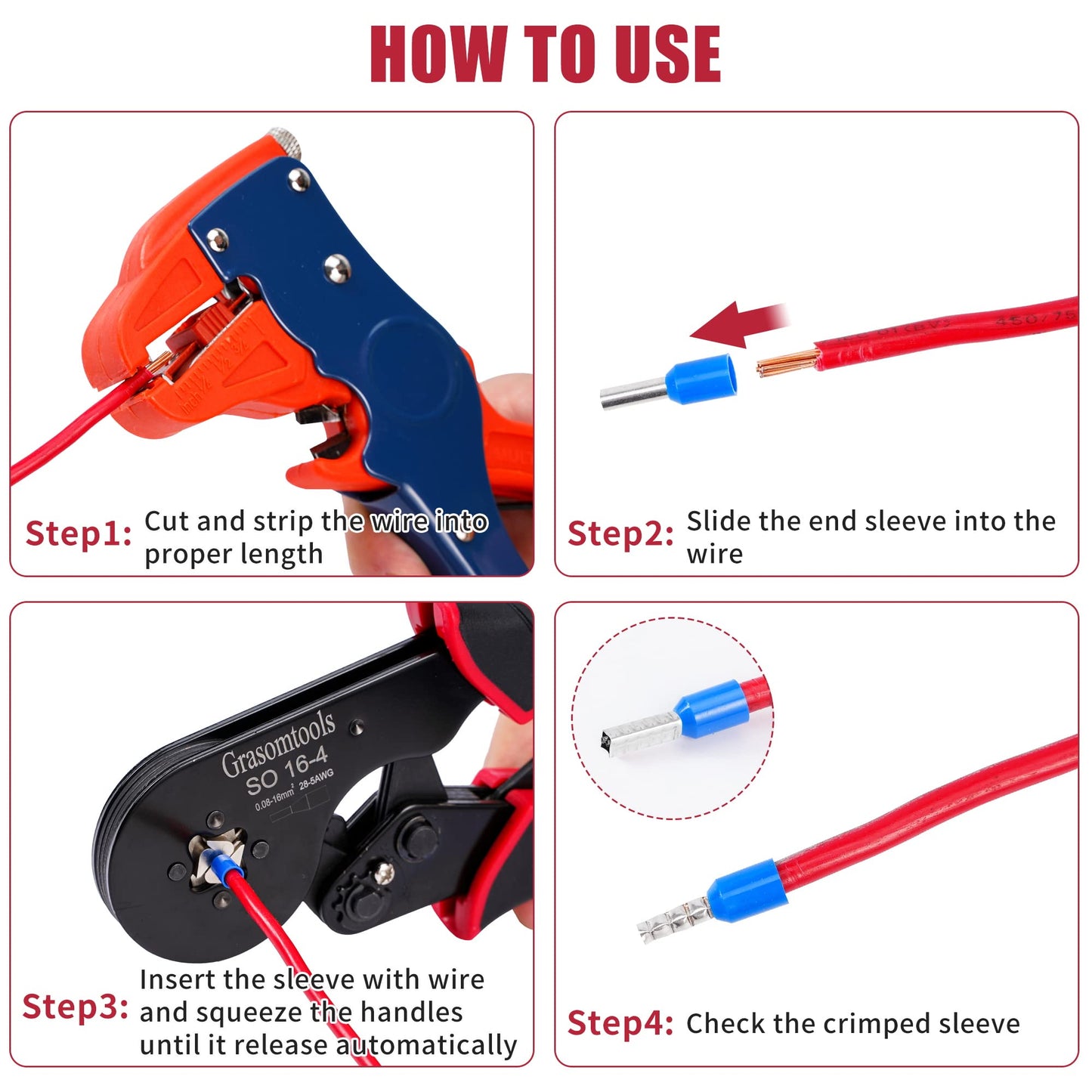 Wire end sleeves crimping pliers, 0.08-16mm²/AWG 28-5 crimping tools, wire crimping pliers, self-locking ratchet crimping pliers, 16mm² bootlace wire end sleeves crimping pliers.
