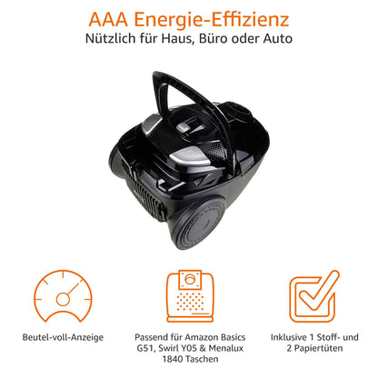 Amazon Basics Bagged Vacuum Cleaner - VCB35B15C-1J7W-70, powerful, compact, and lightweight, for hard floors and carpets, HEPA filter, 700W, 1.5L, EU, Black
