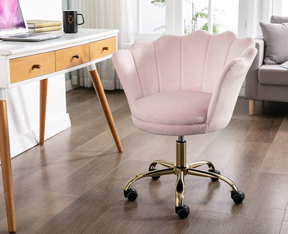 Wahson velvet swivel chair, height-adjustable, armless, with gold base, desk chair for bedroom/vanity, light pink, velvet.