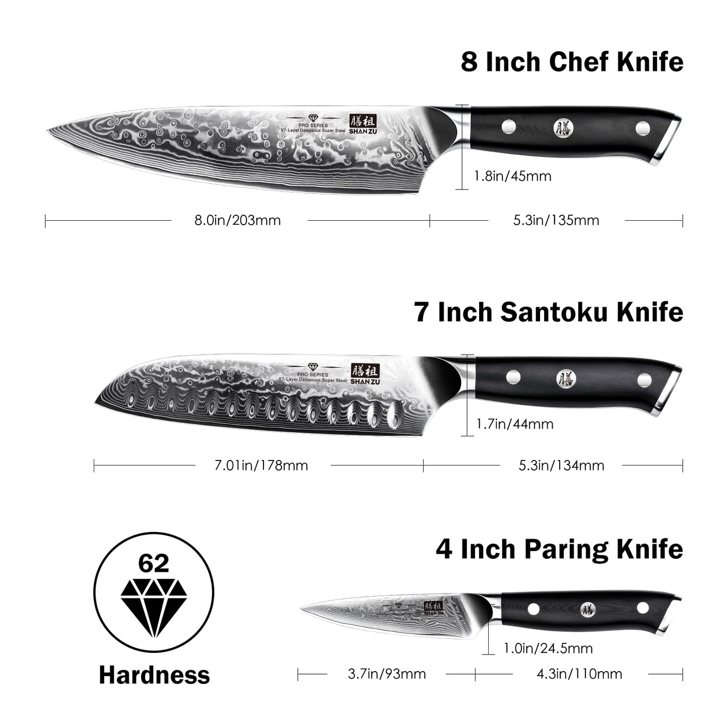 SHAN ZU 3-piece Damascus Knife Set, made of Japanese super steel with high carbon content. It features a G10 handle and comes in a gift box.