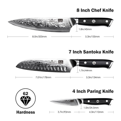 SHAN ZU 3-piece Damascus Knife Set, made of Japanese super steel with high carbon content. It features a G10 handle and comes in a gift box.