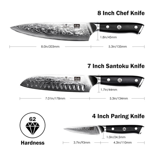 SHAN ZU 3-piece Damascus Knife Set, made of Japanese super steel with high carbon content. It features a G10 handle and comes in a gift box.