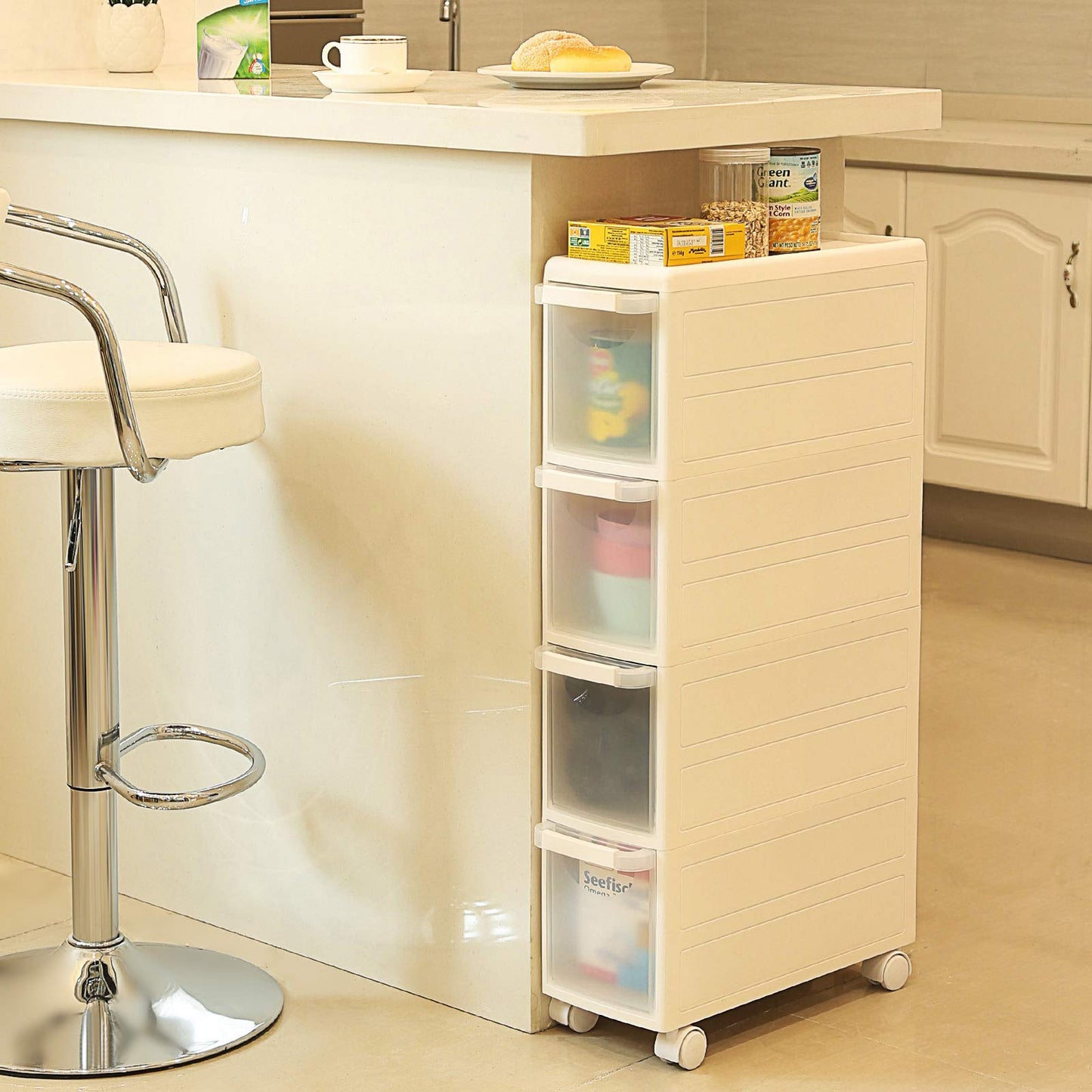 SONGMICS 4-Drawer Rolling Cart, Compact Shelf Unit, can be Used Separately as Kitchen, Bathroom, or Utility Cart. Standalone with Wheels, 84.5 cm High, White KFR05W