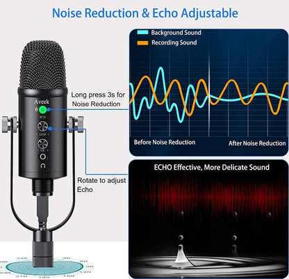 Aveek USB microphone for PC and phone, condenser mic with stable stand and noise reduction for computer laptop for podcast, studio, streaming, broadcast, YouTube.