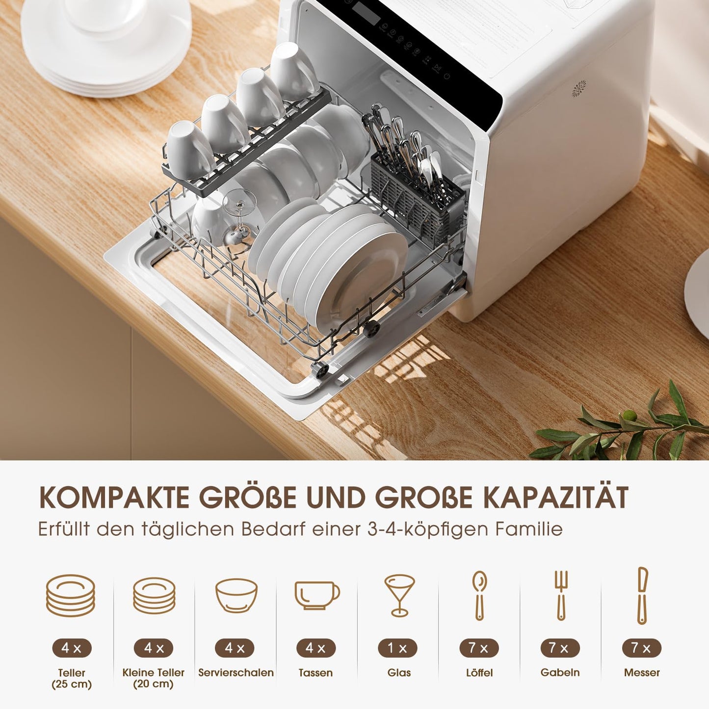 HAVA tabletop dishwasher, mini dishwasher with 6 programs and built-in 5-liter water tank, no connection required, baby care and air drying function for apartments and campers.