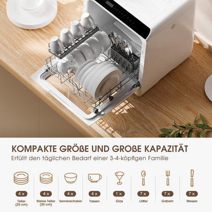 HAVA tabletop dishwasher, mini dishwasher with 6 programs and built-in 5-liter water tank, no connection required, baby care and air drying function for apartments and campers.
