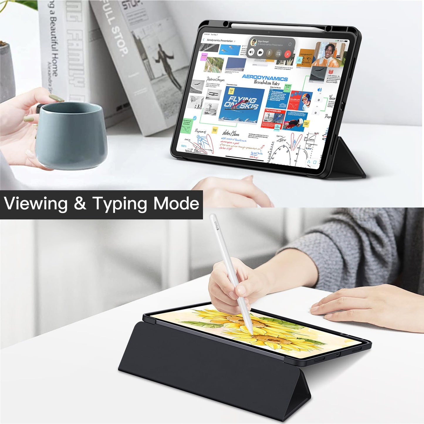 JETech case for iPad Air 13 inch M3/M2 (2025/2024) with pencil holder, Clear Transparent Back Shell Thin Stand Shockproof Tablet Cover, Auto Wake/Sleep (Black)