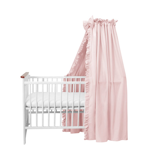 Balbina canopy 100% cotton, decoration set for crib, bed canopy with ruffle & bow, mosquito net for nursery, opaque bed curtain without canopy rod, 240 x 165 cm, powder pink light.