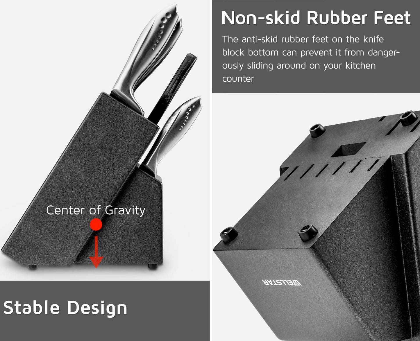 Knife block without knives, WELLSTAR Natural Wood Kitchen Knife Block without Knives – Hardwood Countertop Knife Storage with Built-In Knife Sharpener - Black
