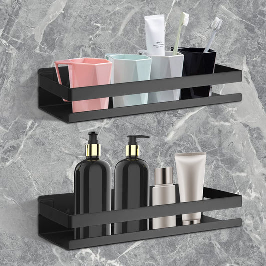 JiGiU shower shelf without drilling, 2 pieces stainless steel bathroom organizer, self-adhesive or drill, black shower caddy with large capacity for bathroom kitchen.